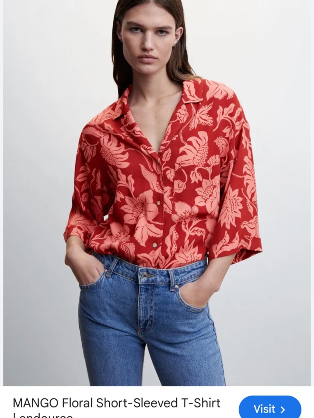 MANGO Red Floral Button-Front Shirt